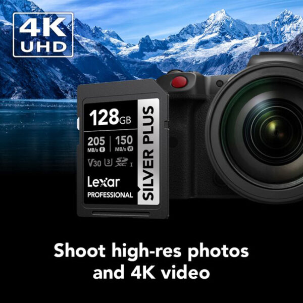 Lexar Professional 128GB Silver Plus SDXC™ UHS-I Memory Cards with Read Speeds Up to 205MB/s and Write Speeds Up to 150MB/s