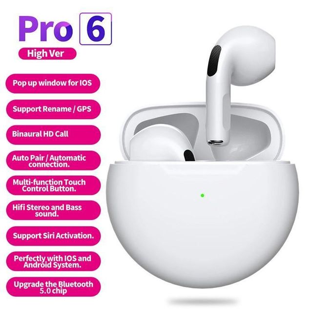 Pro 6 Wireless Bluetooth Earbuds - White