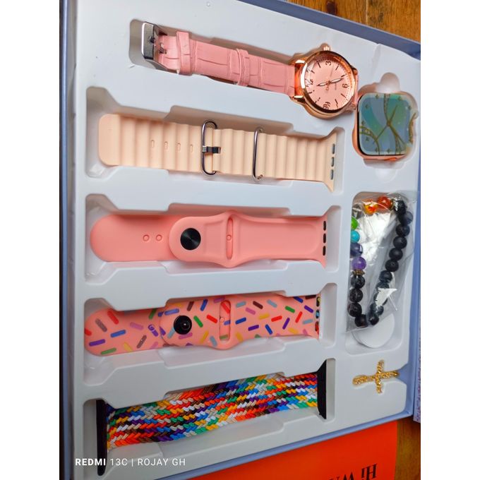 I-520 Mini Smart Watch 10: Pink Bangle, Smart Analog Wristwatch, Gold Necklace, Beaded Bracelet, and Strap