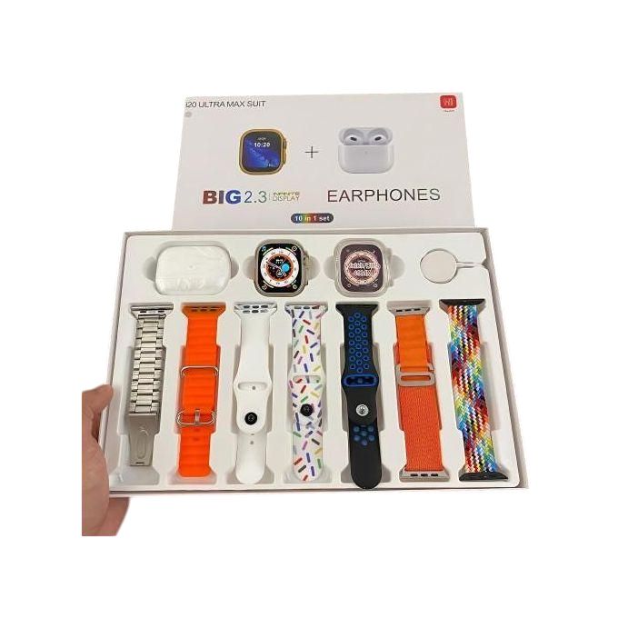 10-in-1 Set: Smartwatch and AirPods Pro 2 i20 Ultra Max with Screen Protector and Seven Extra Multicolor Straps