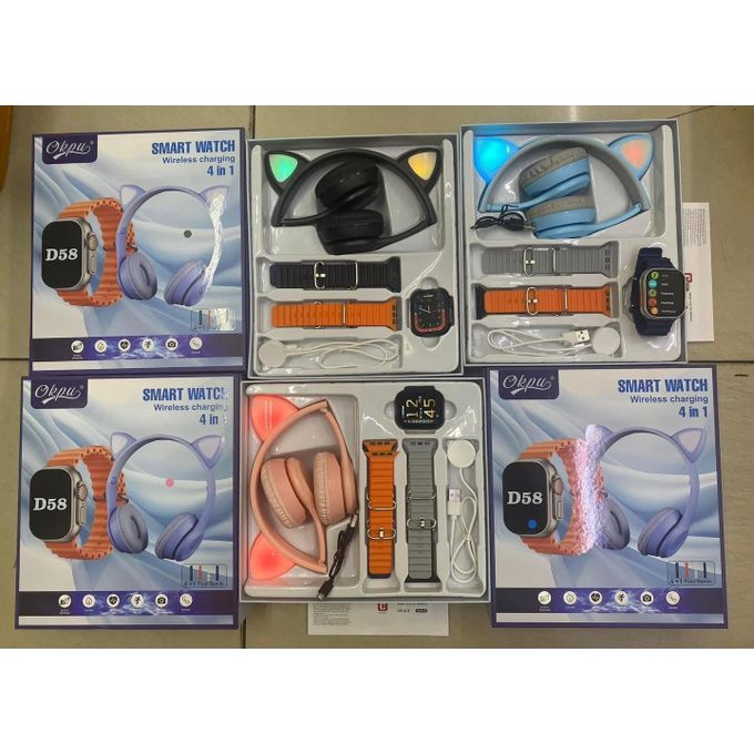 D58 4-in-1 Smart Watch Combo with Wireless Charging and Cat Ear Headphones