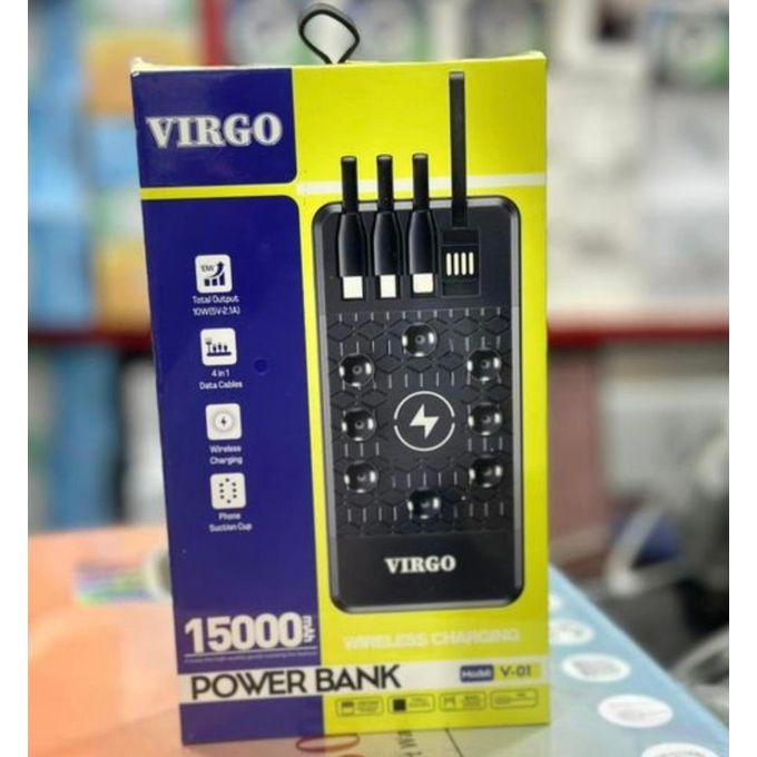 Virgo 15000mAh High-Capacity Fast Charge Power Bank with Dual USB and Wireless Charging – Black with LED Indicator