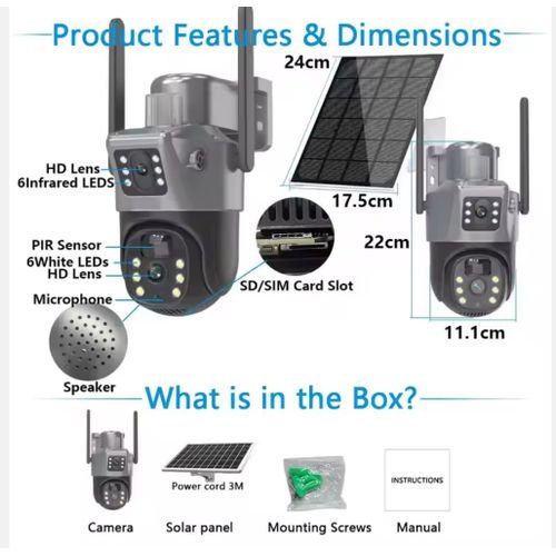 Buy Ptz 4G Sim or wifi Solar Outdoor Dual Lens 8MP IP Camara Solar Panel CCTV Security Built in Battery PIR Cam V380 in Kumasi