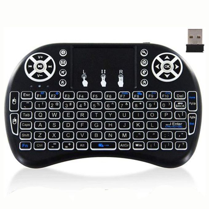 Black Wireless Mini Keyboard with Backlit, Touchpad Mouse, and Remote Control