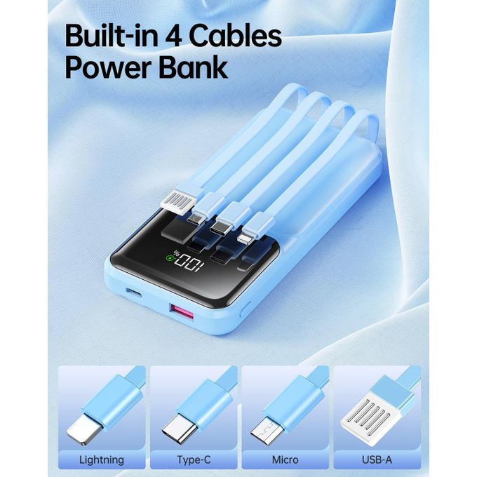 4-in-1 Ultra-Slim 20000mAh (74Wh) Portable Power Bank Featuring Integrated USB, Type-C, Micro-USB, and Lightning Cables, Dual Input (Micro USB & Type-C), LED Display, and Fast…