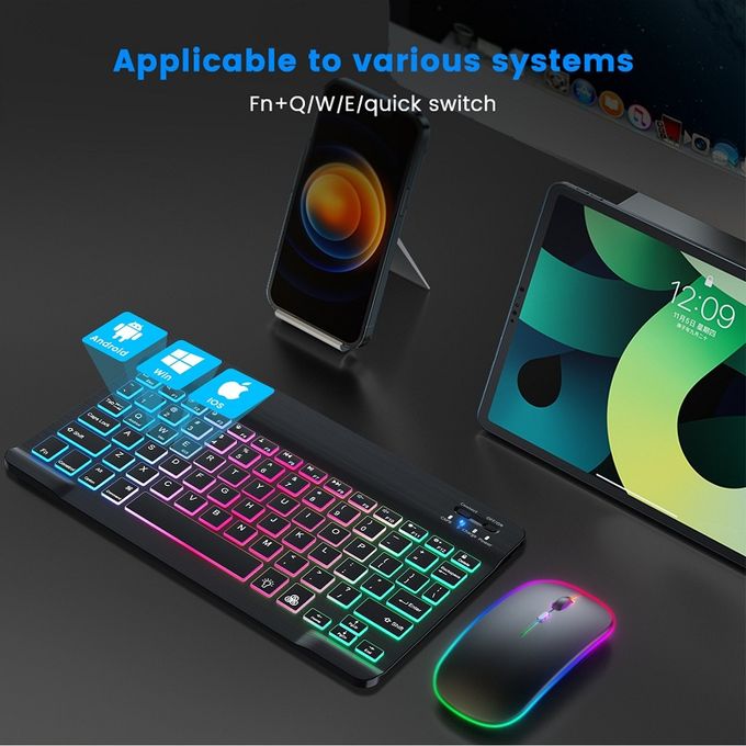 Wireless Bluetooth Keyboard and Mouse Set with Rechargeable Battery and Backlit Silent Design