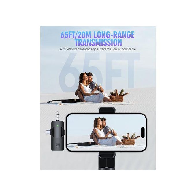 Black Wireless Lapel Microphone with Type-C Connector for iPhone, Android, and iPad
