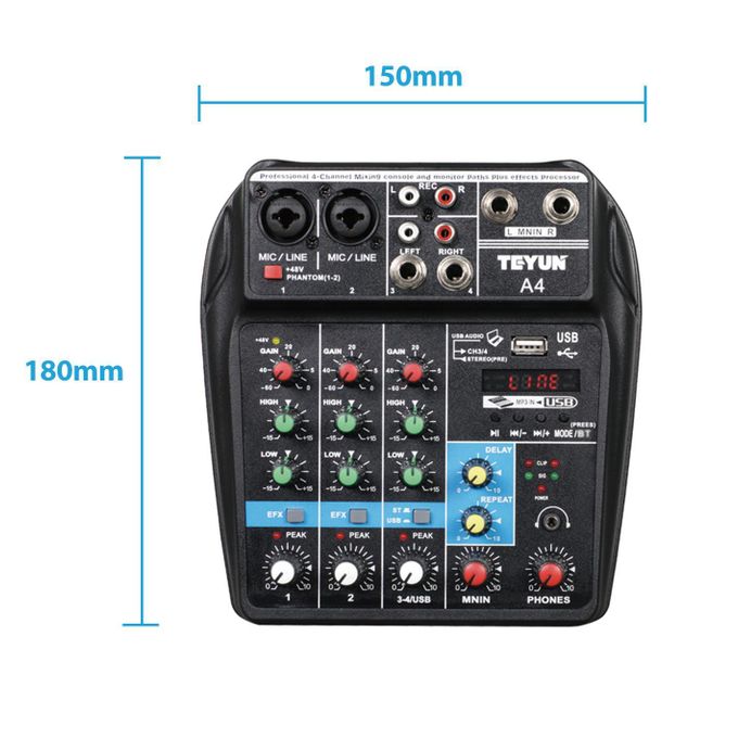 TE Professional 4-Channel Studio Audio Mixer with USB Ports – Black
