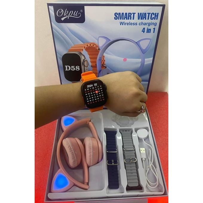 D58 4-in-1 Smart Watch Combo with Wireless Charging and Cat Ear Headphones