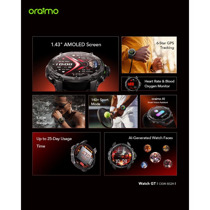 Oraimo GT Smart Watch 1.43″ AMOLED Display, 3ATM Waterproof, GPS with 2 Interchangeable Straps