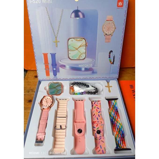 I-520 Mini Smart Watch 10: Pink Bangle, Smart Analog Wristwatch, Gold Necklace, Beaded Bracelet, and Strap