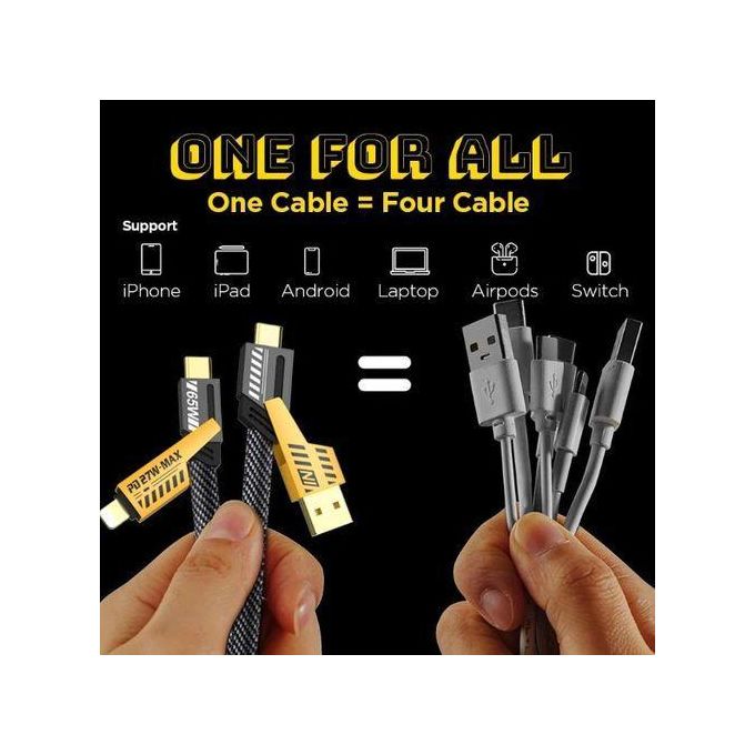 4-in-1 Multi-Function Data Cable, Super Fast Charging, Dual Type-C, 65W, Braided Nylon, PD27W – BLACK/YELLOW