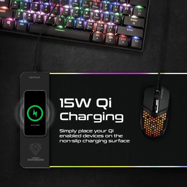 Vertux LED Gaming Mouse Pad with Anti-Friction Surface and 15W Wireless Charger