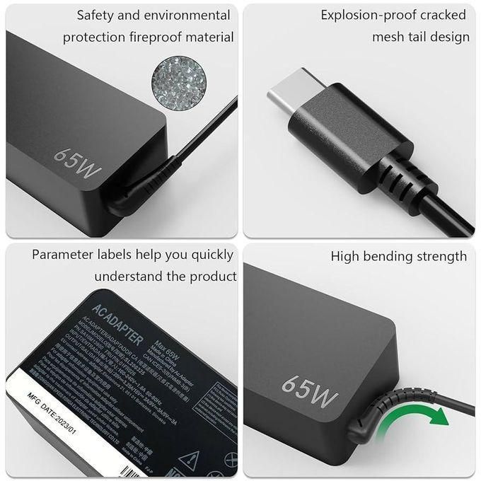 Lenovo 65W USB Type C Fast Charger with Free AC Fused Power Cord – Black
