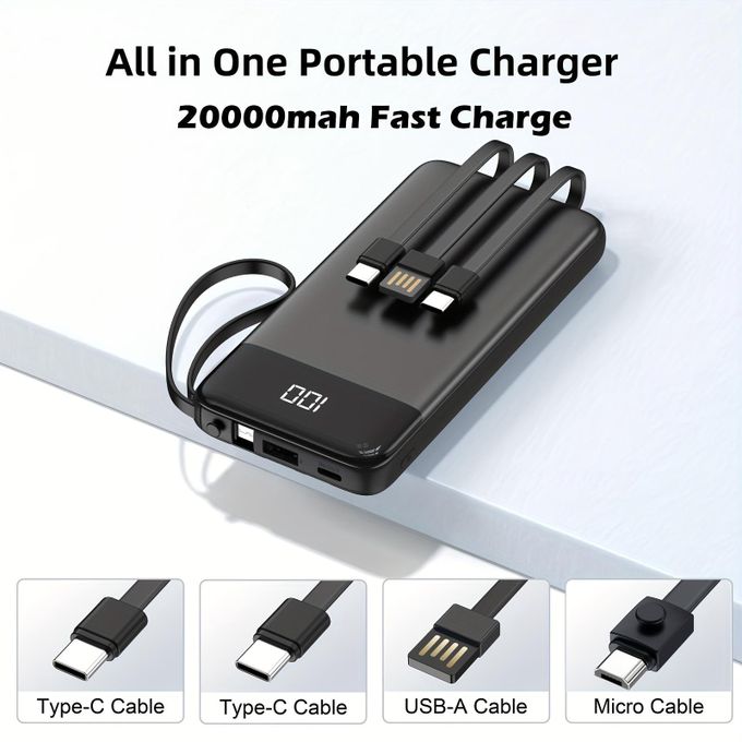 4-in-1 Ultra-Slim 20000mAh (74Wh) Portable Power Bank with Integrated USB, Type-C, Micro-USB, and Lightning Cables, Dual Input (Micro USB & Type-C), LED Display, Fast Charging -…