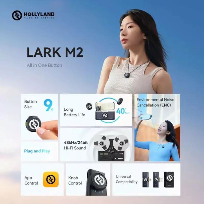 Hollyland LARK M2 Wireless Lavalier Microphone System – Features Noise Cancellation, 300m Range, and 40-Hour Battery Life in Black