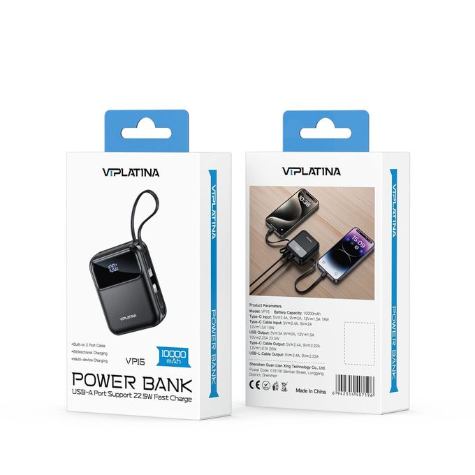 VIPLATINA VP16 10,000 mAh 22.5W Fast Charge Mini Power Bank (PD & QC 3.0) with Dual Charging Cables – Black