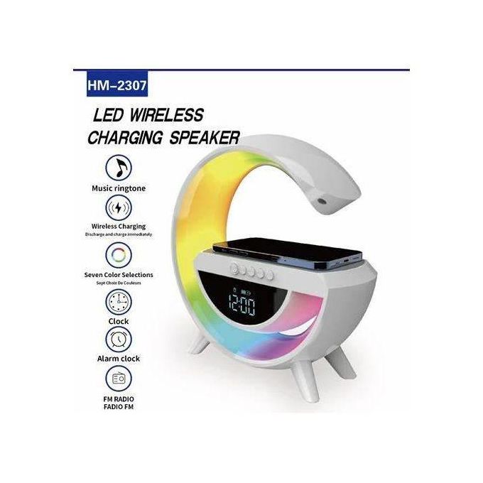 All-in-One LED Table Lamp: Wireless Phone Charging, Bluetooth Speaker, and Alarm Clock Features