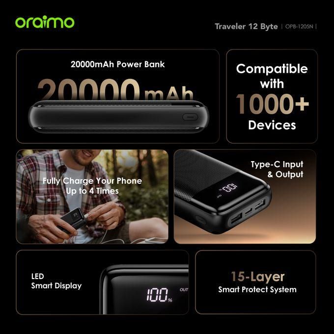 Oraimo Traveler 12 Byte 20000mAh High-Capacity Power Bank with 12W Fast Charging and Large Power Display