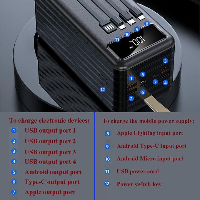 High-Capacity Outdoor Power Bank – 60000mAh with Four-Wire Mobile Charging and USB Cables – Black