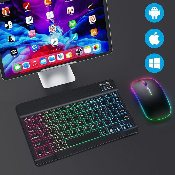Wireless Bluetooth Keyboard and Mouse Set with Rechargeable Battery and Backlit Silent Design