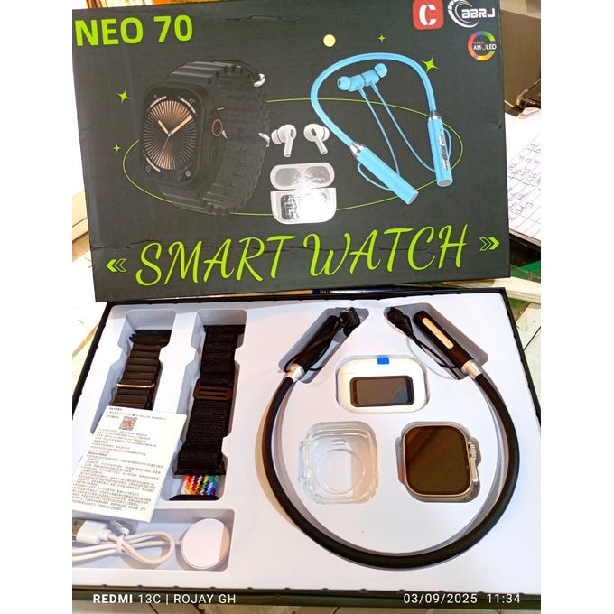 Neo 70 8-in-1 Smart Watch Bundle with Neck Bluetooth Earphones, In-Ear Bluetooth Earphones, and Silicone Case