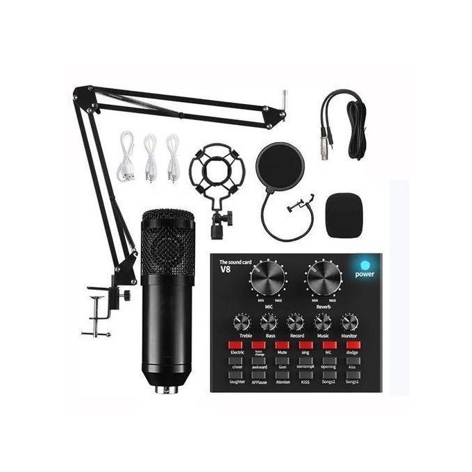BM800 Condenser Microphone Kit with V8 Sound Card and Stand - Black