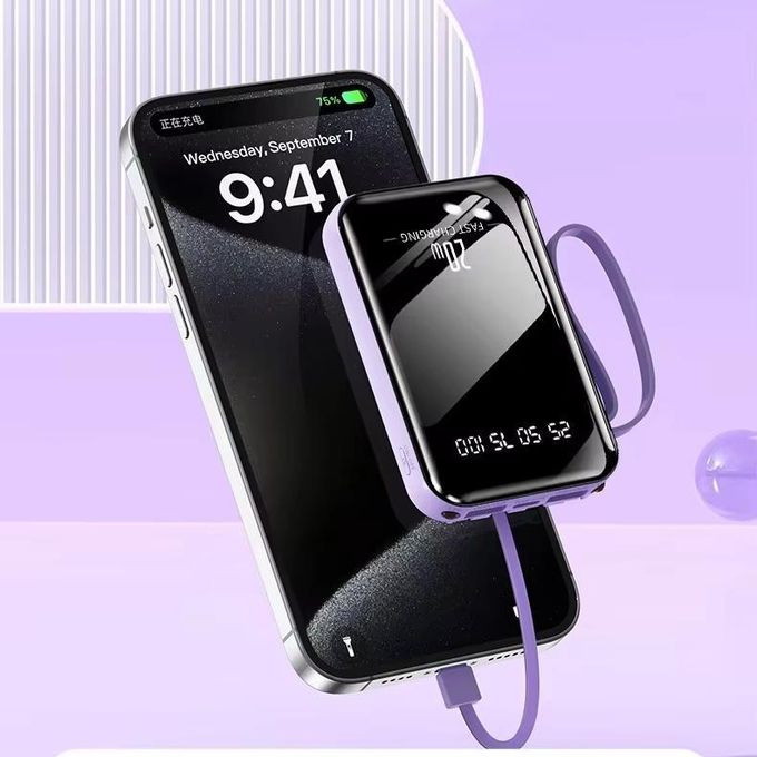10000mAh Portable Power Bank with Built-in 4 Charging Cables and Flashlight – 2A Fast Charge