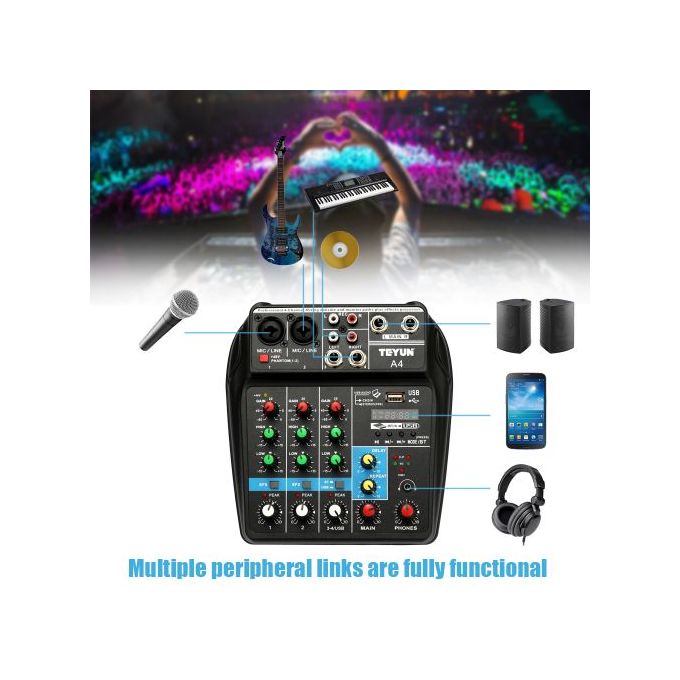 TE Professional 4-Channel Studio Audio Mixing Console with USB Ports – Black