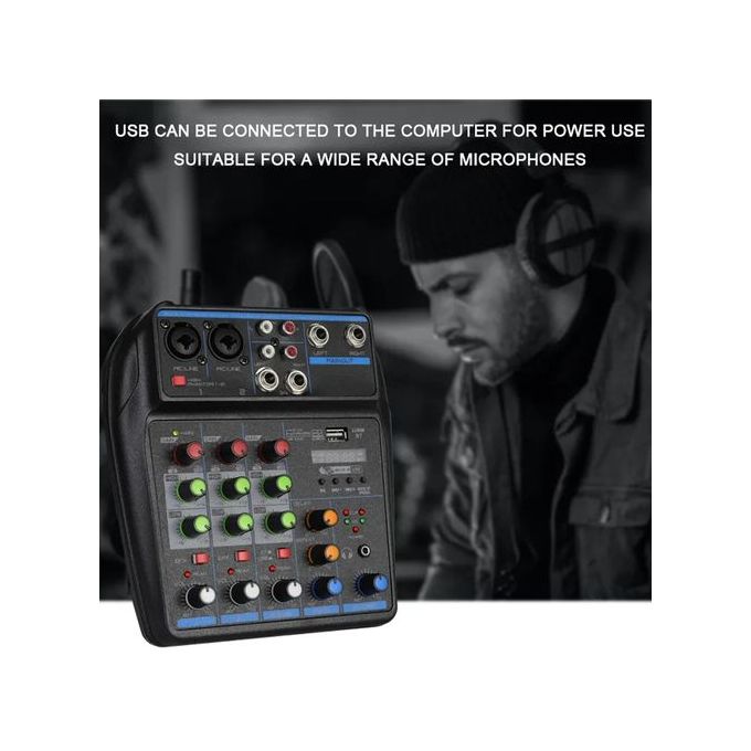 Bomge 4-Channel DJ Mixing Console with Bluetooth, 48V Phantom Power, Monitor, Karaoke System, and USB Audio Mixer – Black