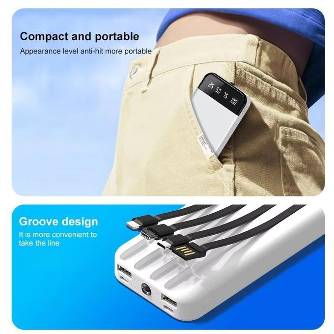10000mAh Portable Power Bank with 4 Built-In Cables and 2A Fast Charging, Featuring a Flashlight