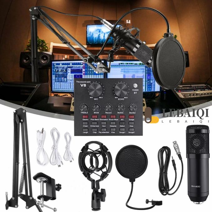 Black BM800 Microphone Kit with V8 Sound Card and Microphone Stand