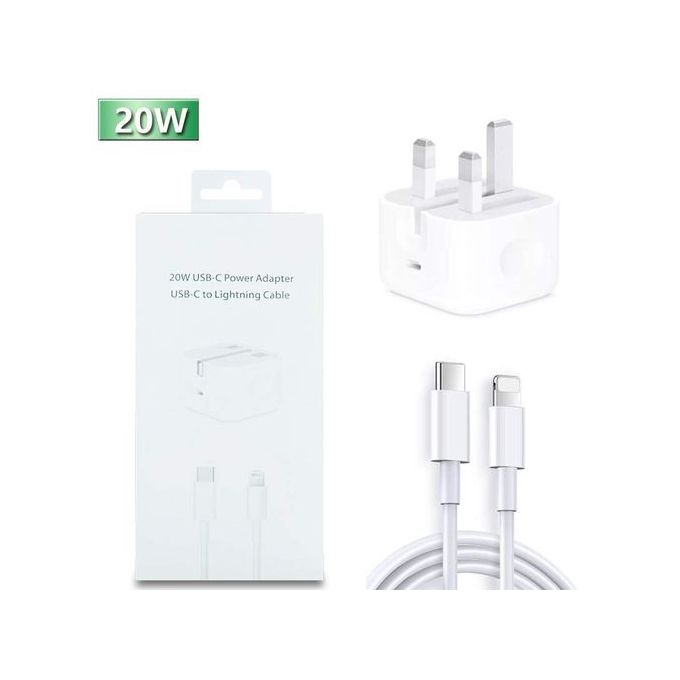 20W Fast Charging Adapter with Type C Cable for iPhones - White
