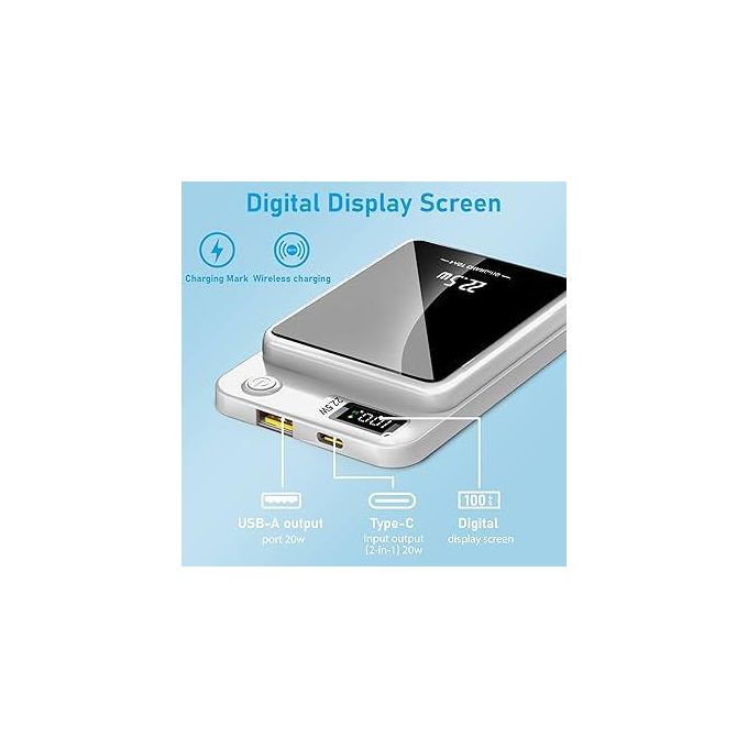 5000mAh Magnetic Wireless Power Bank – Slim and Lightweight Design, 15W Fast Wireless Charging with LED Display – White