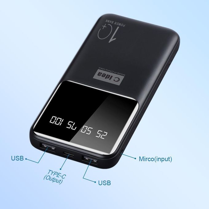 C Idea 10000mAh Black Affordable Power Bank – Features Dual USB Outputs and a Type-C Output – Black