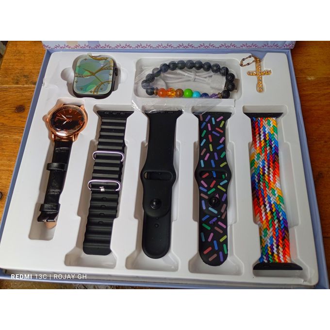 I-520 Mini Smart Watch 10: Black Bangle, Smartwatch, Analog Wristwatch, Gold Necklace, Beaded Bracelet, and Strap