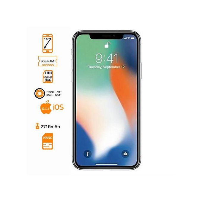 Apple iPhone X - 5.8-Inch Display - 256GB Storage - 3GB RAM - 12MP Rear Camera/7MP Front Camera - 2716mAh Battery - Silver