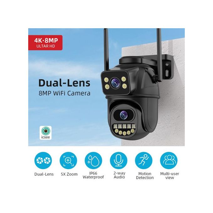 8MP 4K HD WiFi Outdoor Security Camera with Dual Lenses - Black