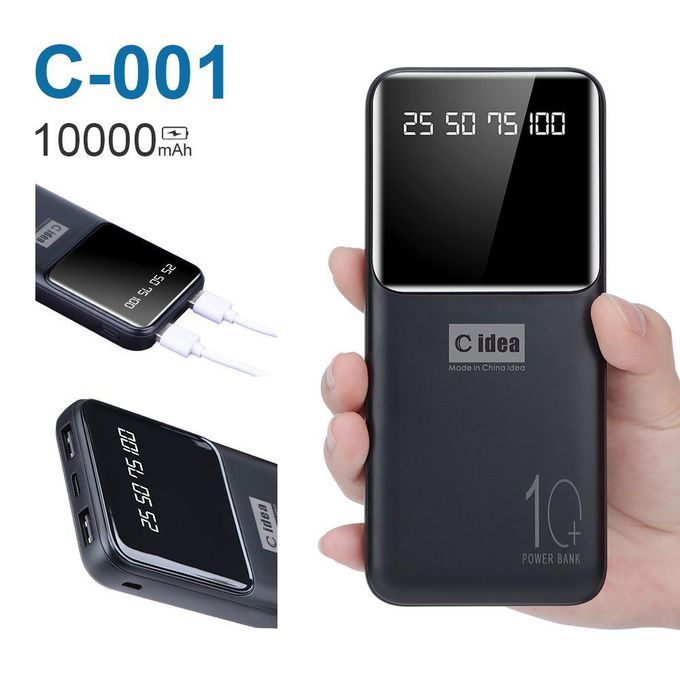 C Idea 10000mAh Black Affordable Power Bank – Features Dual USB Outputs and a Type-C Output – Black