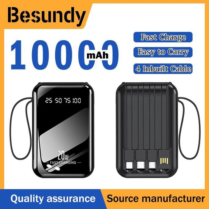 10000mAh Portable Power Bank with Built-in 4 Charging Cables and Flashlight – 2A Fast Charge