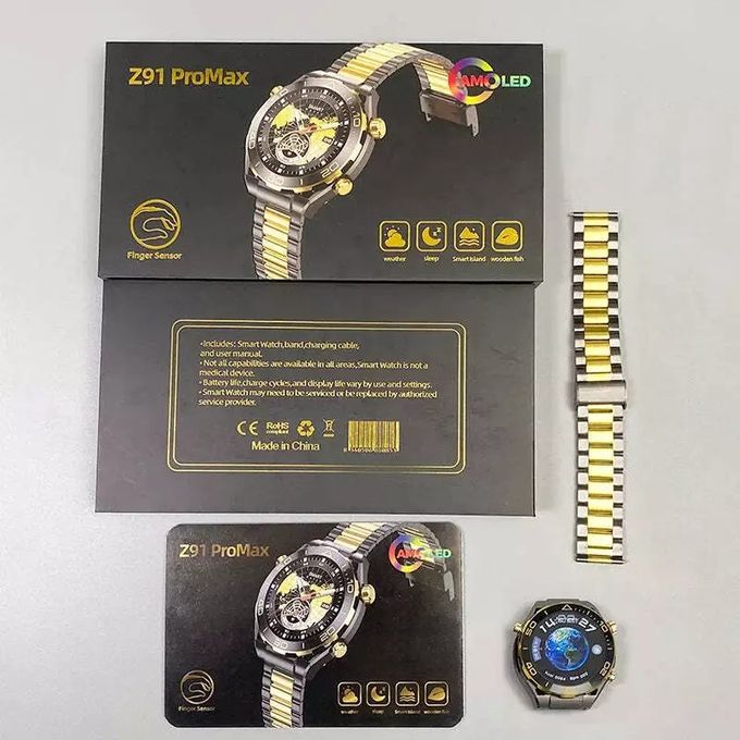 Z91 ProMax Outdoor Smartwatch with AMOLED Screen, AI Voice, and Health Features – Gold