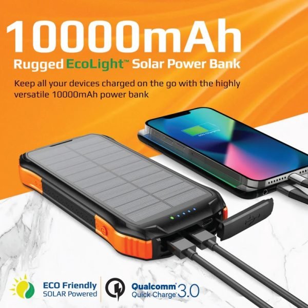 Promate 10000mAh Waterproof Solar Power Bank with 18W USB-C
