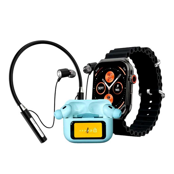 Neo 70 8-in-1 Smart Watch Bundle with Neck Bluetooth Earphones, In-Ear Bluetooth Earphones, and Silicone Case