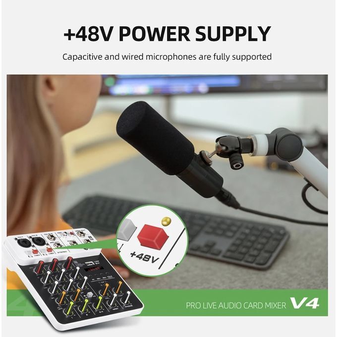 Compact 4-Channel Mixer with Reverb Sound Card