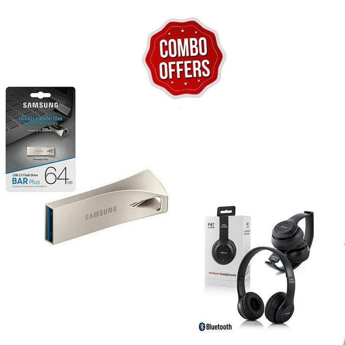 Samsung 64GB USB Flash Drive and P47 Wireless Bluetooth Headset Bundle – Black in kumasi