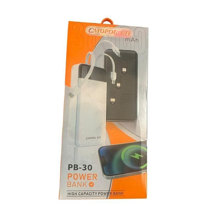 30,000 mAh Portable Power Bank with 3-in-1 Charging Cables - White/Black