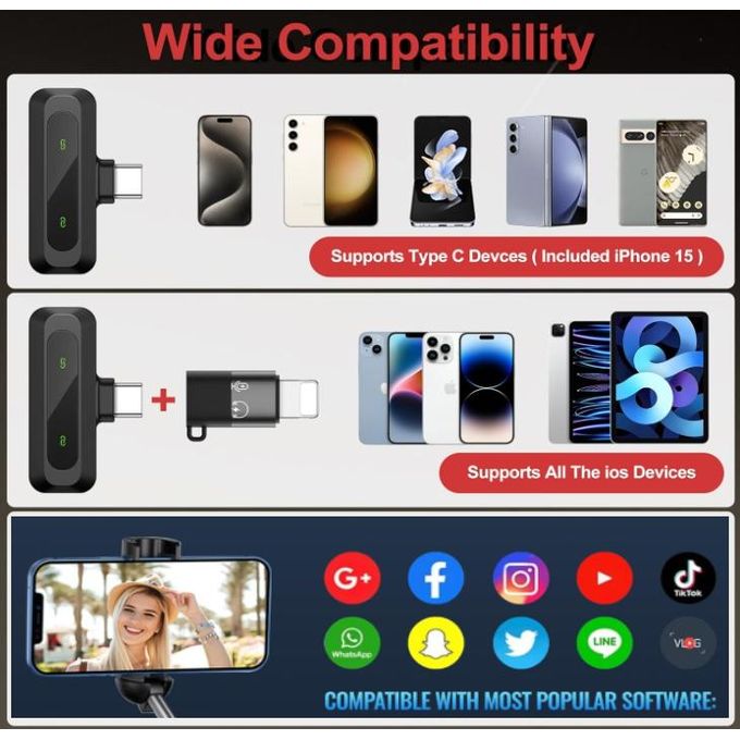 Wireless Lavalier Microphone for iPhone & Type-C with iOS Adapter, Professional Mini Clip-On Mic for Video Recording