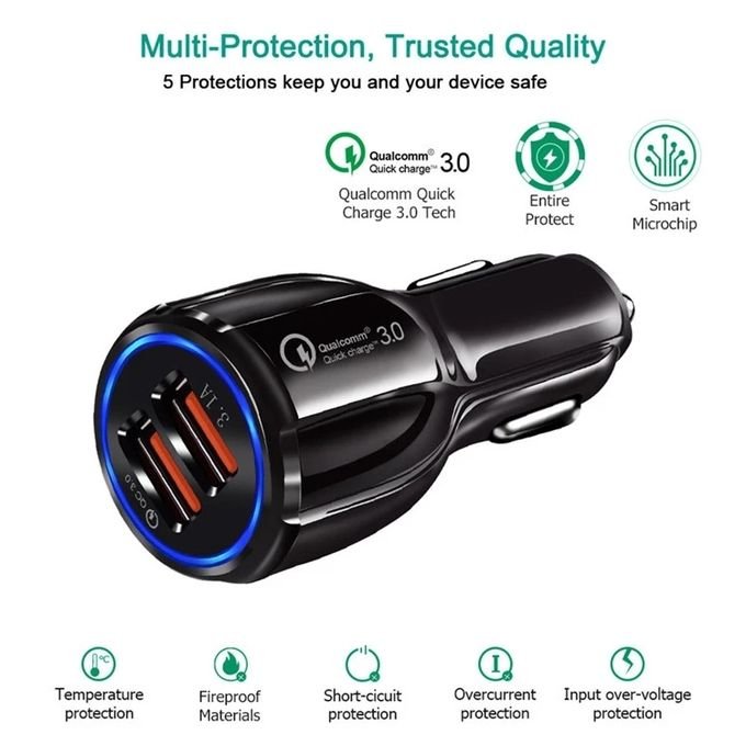 Buy QC3.0 Dual USB Car Charging + Type-C Fast Charging Cable-Black in Kumasi