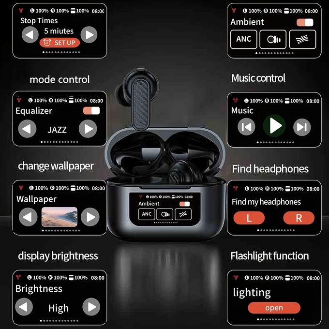 YW08 TWS Wireless Earbuds with Touch Control and LCD Screen – Black in kumasi