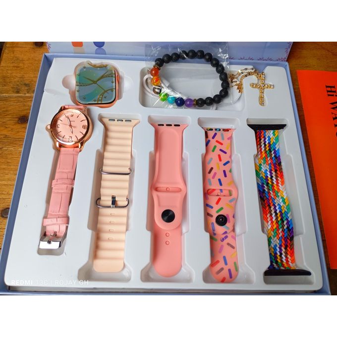 I-520 Mini Smart Watch 10: Pink Bangle, Smart Analog Wristwatch, Gold Necklace, Beaded Bracelet, and Strap